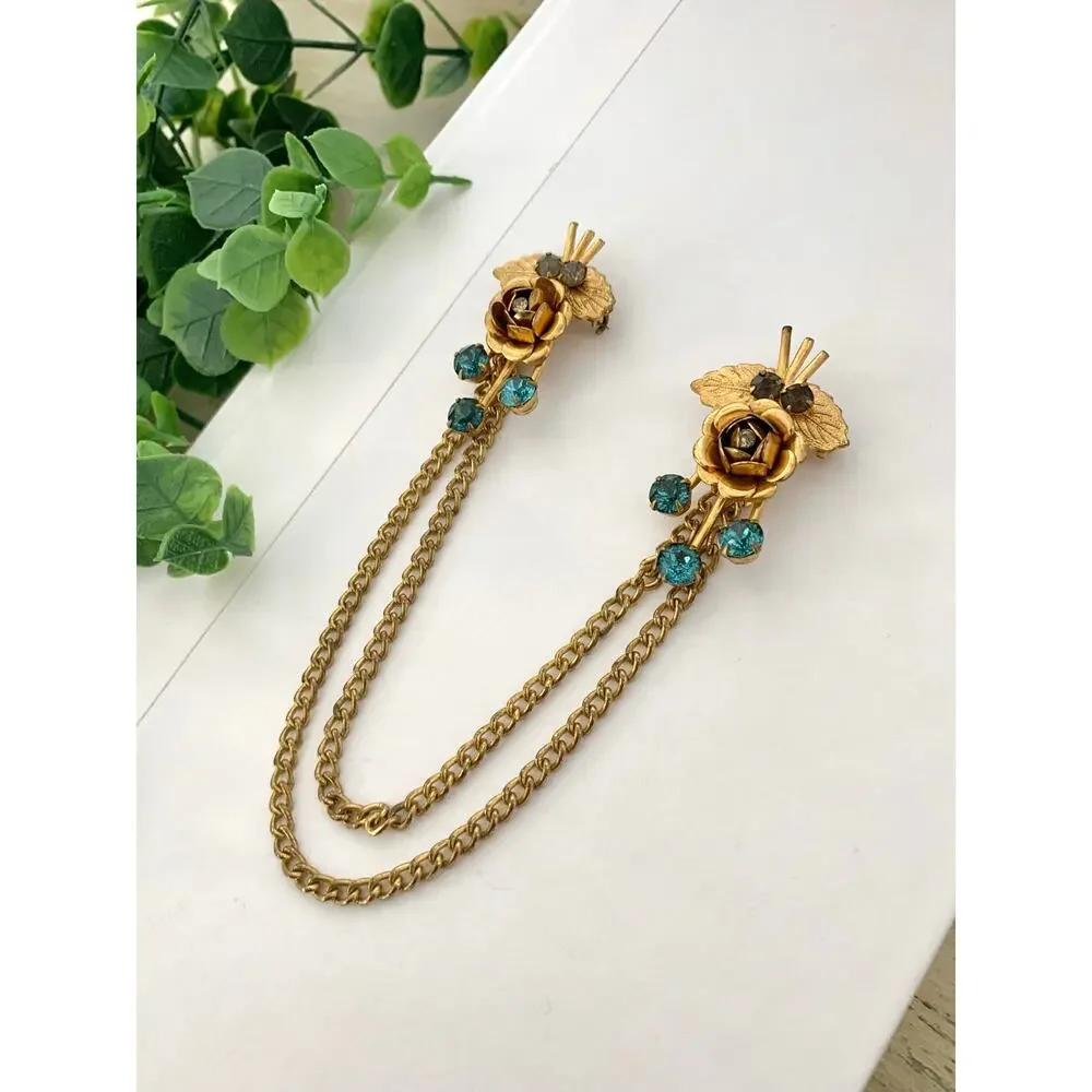 Vintage 1950s Sweater Clip Double Brooch Teal Rhinestone Gold Tone Chain Elegant